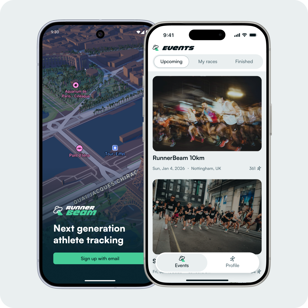 The RunnerBeam athlete app on Android and iPhone
