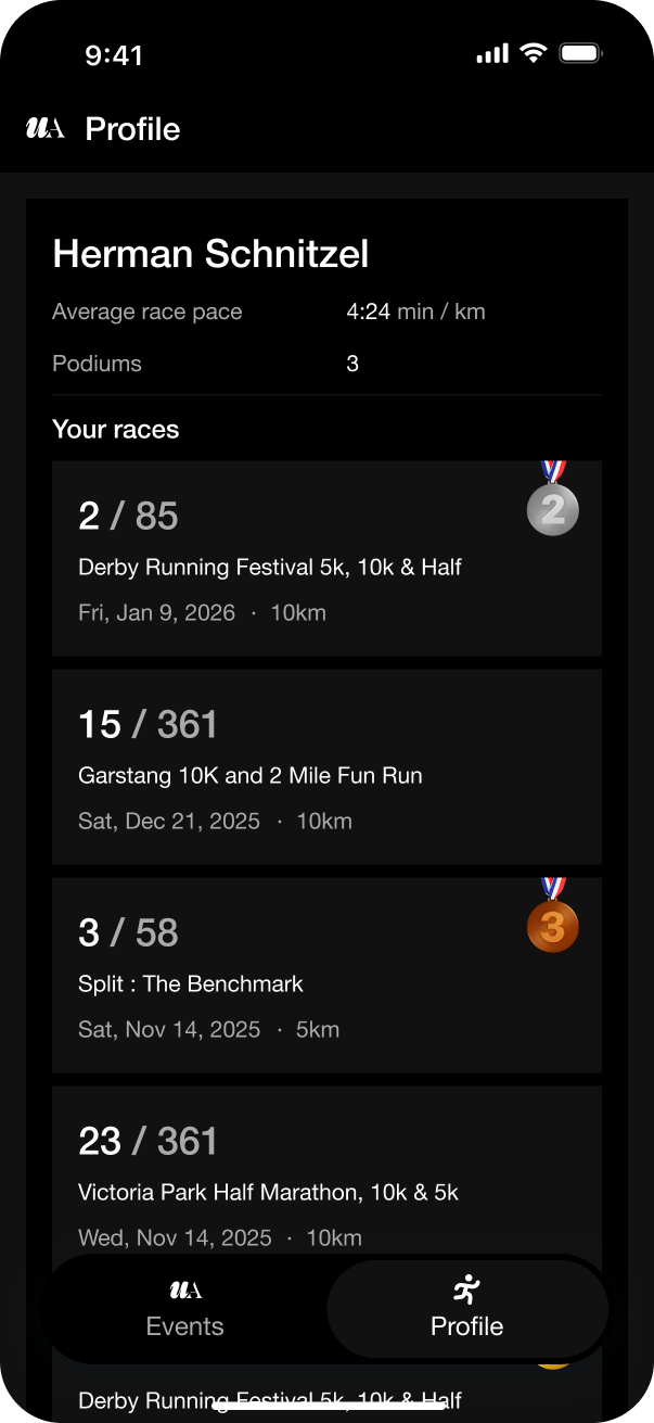 Athlete profile screen with race history